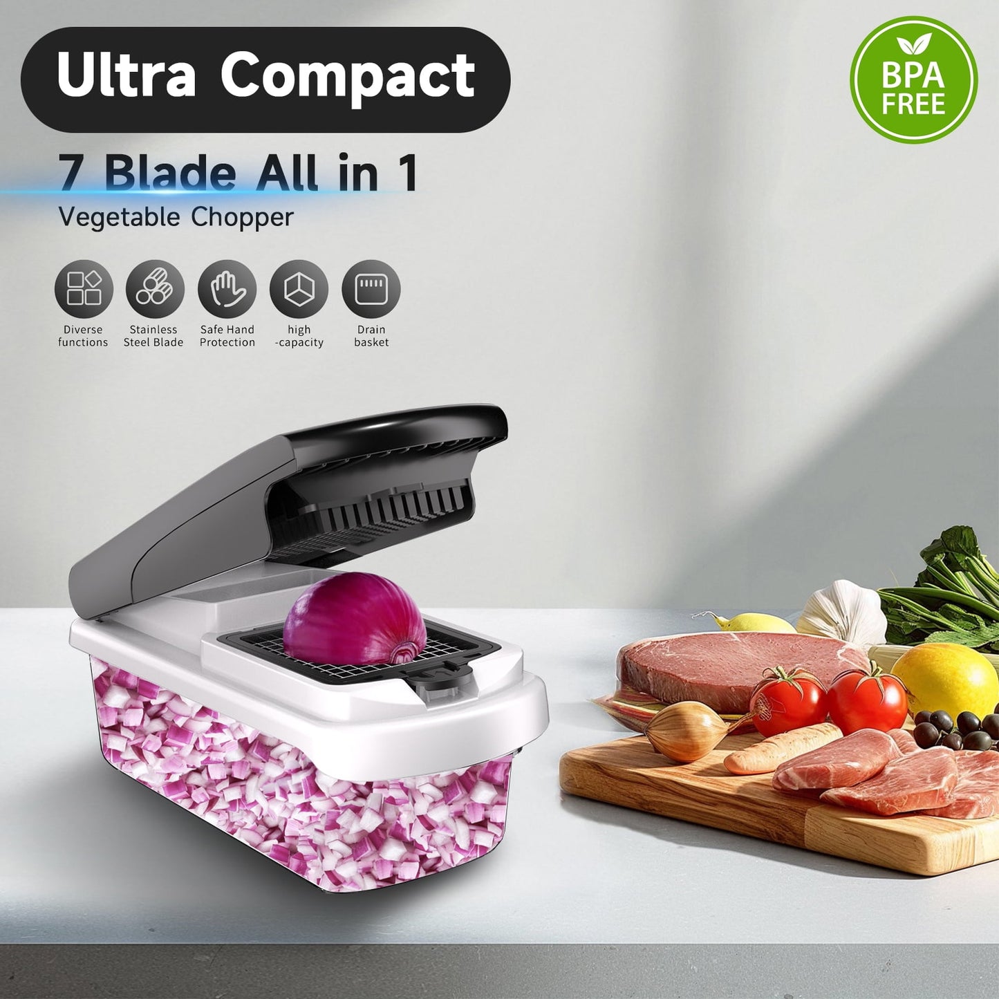 Vegetable Chopper Food Slicer, 15 in 1 Multi-Function Food Chopper for Onion, Veggie, Cheese Grater, Vegetables Cutter with Large Container, Kitchen Gadgets (White)