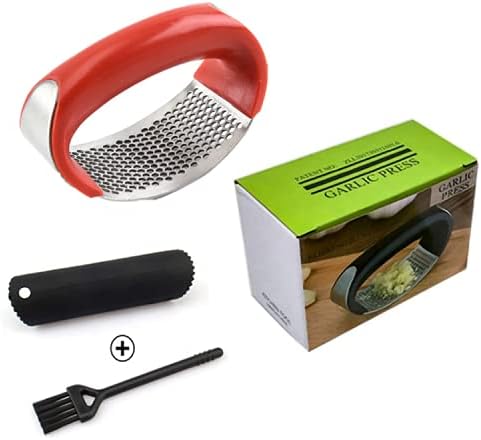 Stainless Steel Garlic Press Rocker Set - Easy Operate and Clean Kitchen Tools (Red)