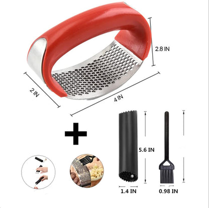 Stainless Steel Garlic Press Rocker Set - Easy Operate and Clean Kitchen Tools (Red)