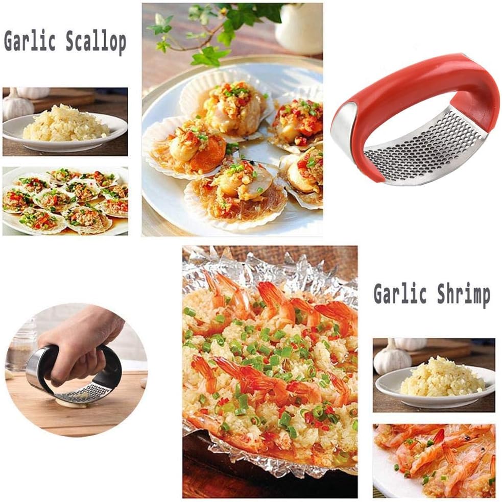 Stainless Steel Garlic Press Rocker Set - Easy Operate and Clean Kitchen Tools (Red)