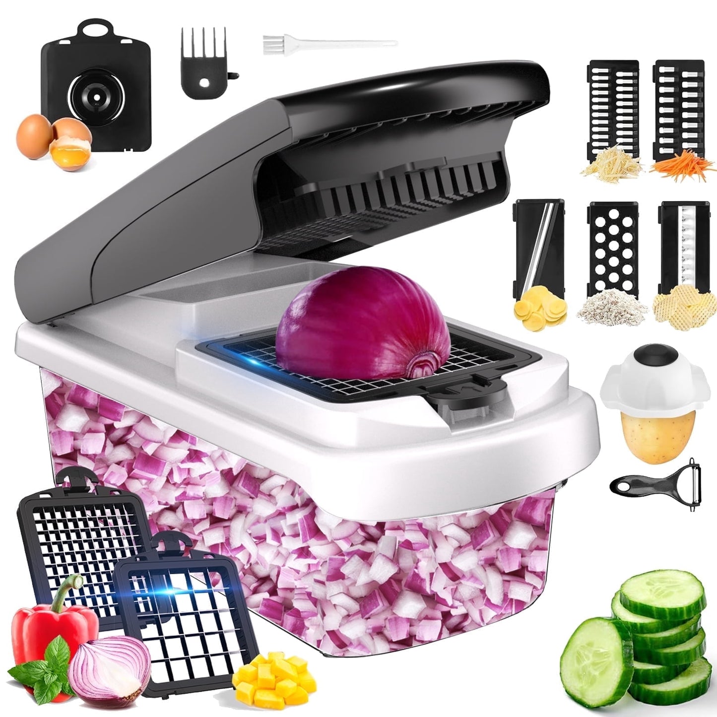 Vegetable Chopper Food Slicer, 15 in 1 Multi-Function Food Chopper for Onion, Veggie, Cheese Grater, Vegetables Cutter with Large Container, Kitchen Gadgets (White)
