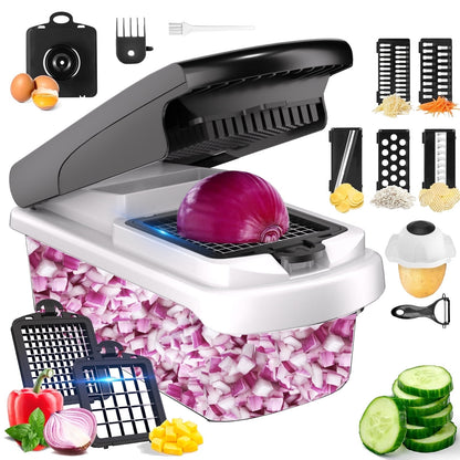 Vegetable Chopper Food Slicer, 15 in 1 Multi-Function Food Chopper for Onion, Veggie, Cheese Grater, Vegetables Cutter with Large Container, Kitchen Gadgets (White)